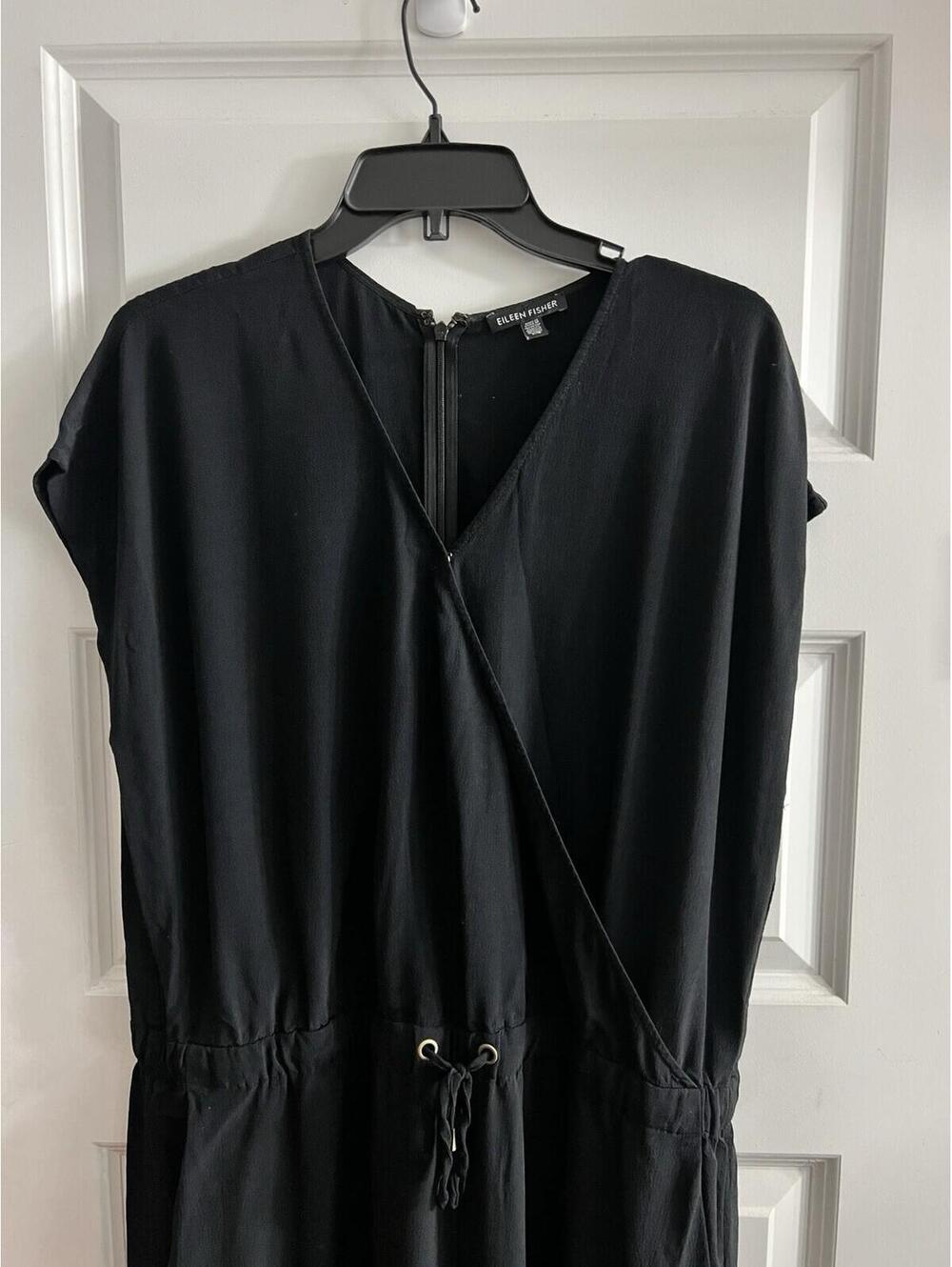 Eileen Fisher Black Wide Leg Jumpsuit Drawstring Waist Sz L Cropped Boho - Picture 3 of 9